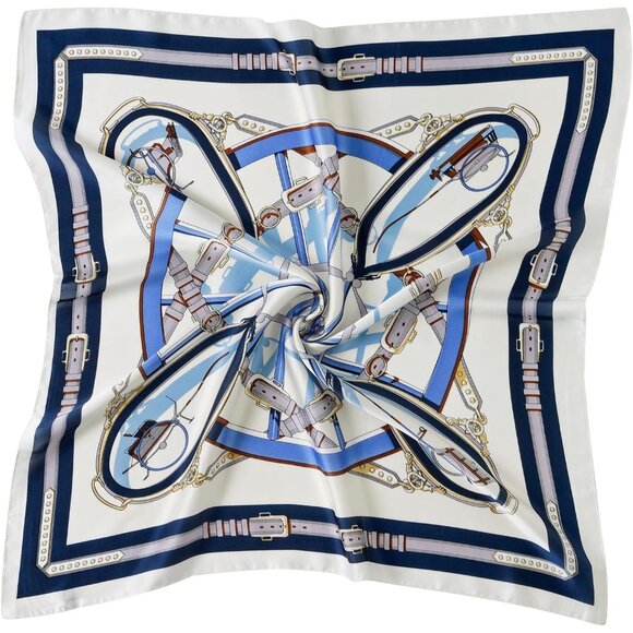 Women Blue Chain Headscarf Satin Bandana Pattern Polyester Breathable Scarves - Picture 1 of 7